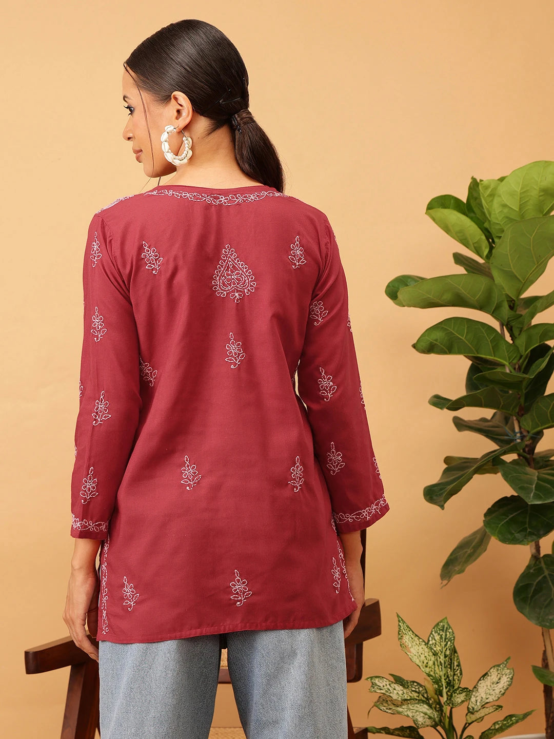 Ada Hand Embroidered Maroon Cotton Lucknowi Chikankari Short Kurti A911116
