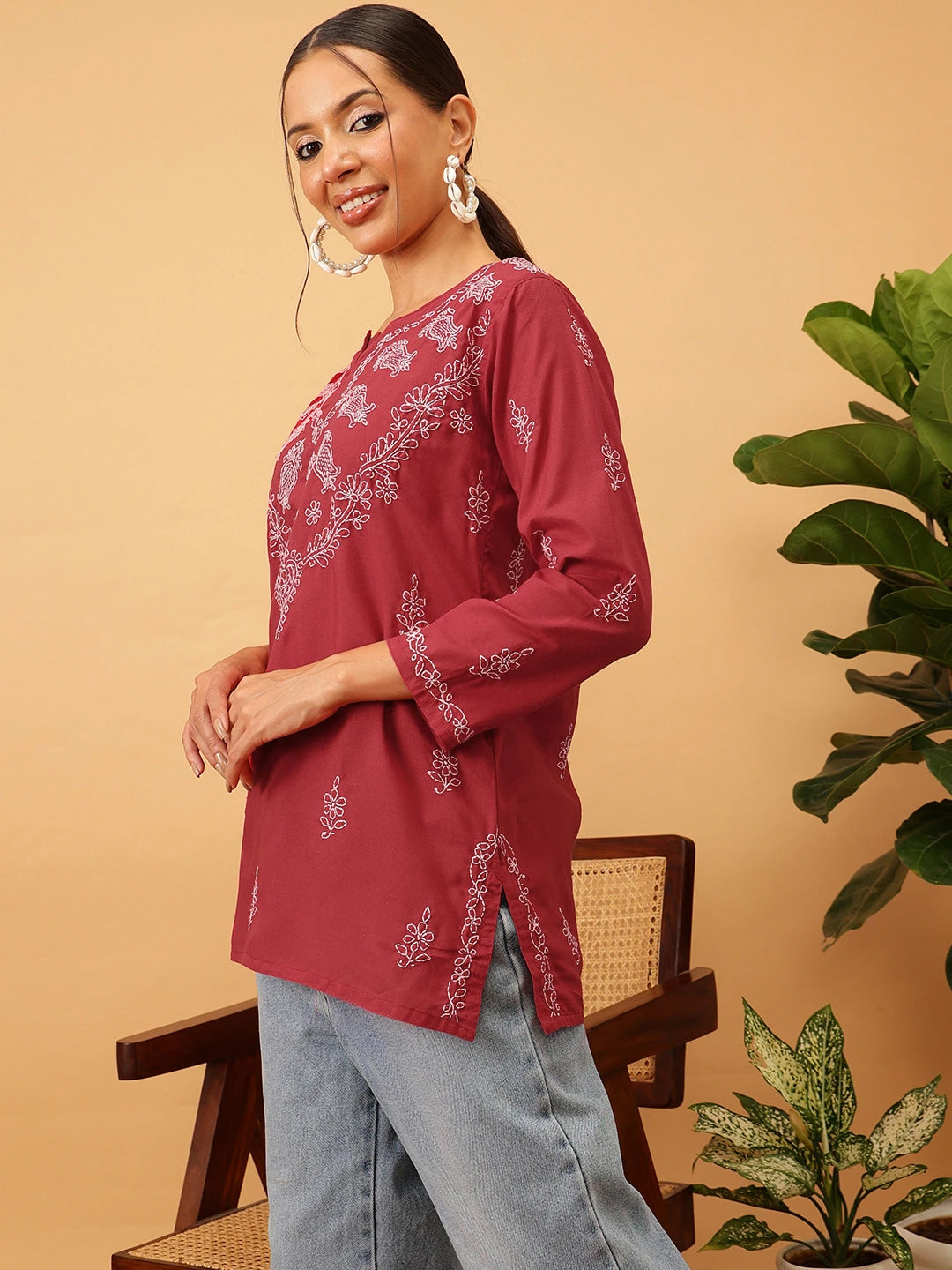 Ada Hand Embroidered Maroon Cotton Lucknowi Chikankari Short Kurti A911116