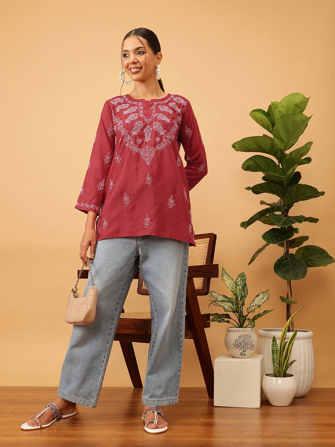 Ada Hand Embroidered Maroon Cotton Lucknowi Chikankari Short Kurti A911116