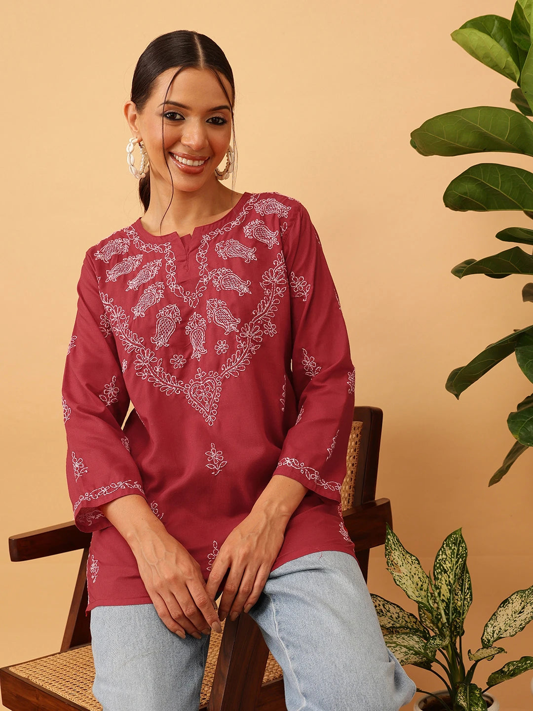 Ada Hand Embroidered Maroon Cotton Lucknowi Chikankari Short Kurti A911116