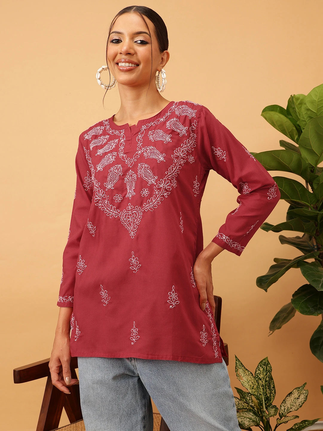 Ada Hand Embroidered Maroon Cotton Lucknowi Chikankari Short Kurti A911116