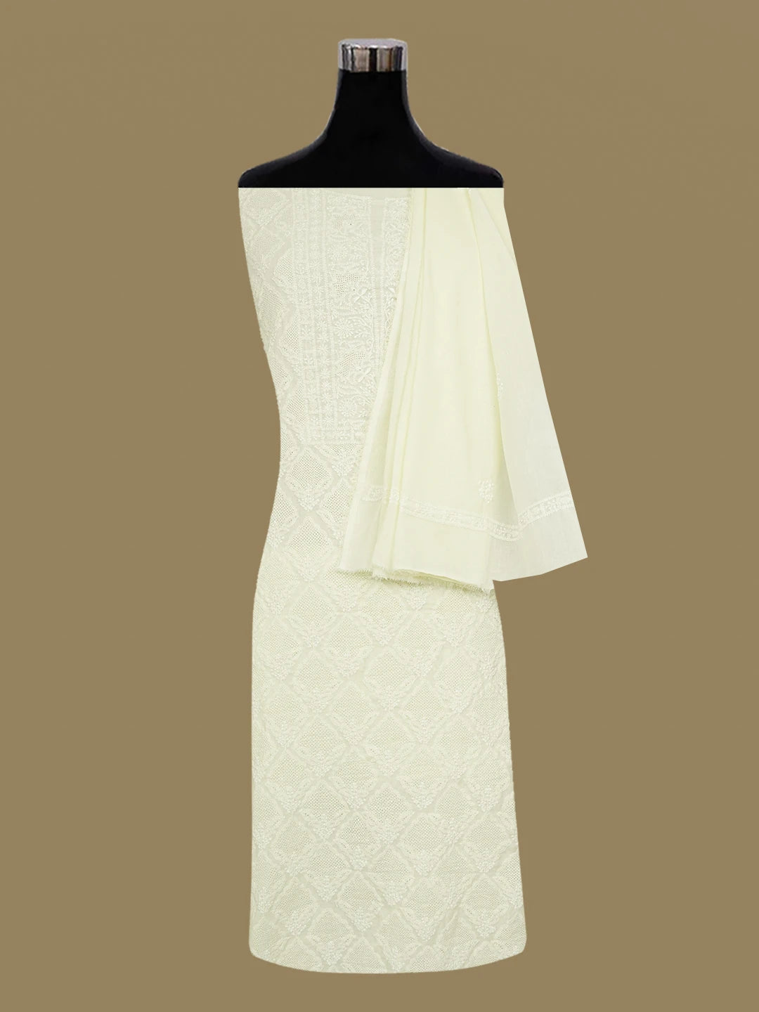 Ada Hand Embroidered Lemon Cotton Lucknowi Chikankari Unstitched Kurta Dupatta Set 01A628691