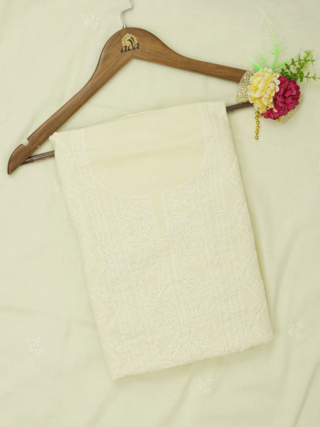 Ada Hand Embroidered Lemon Cotton Lucknowi Chikankari Unstitched Kurta Dupatta Set 01A628691