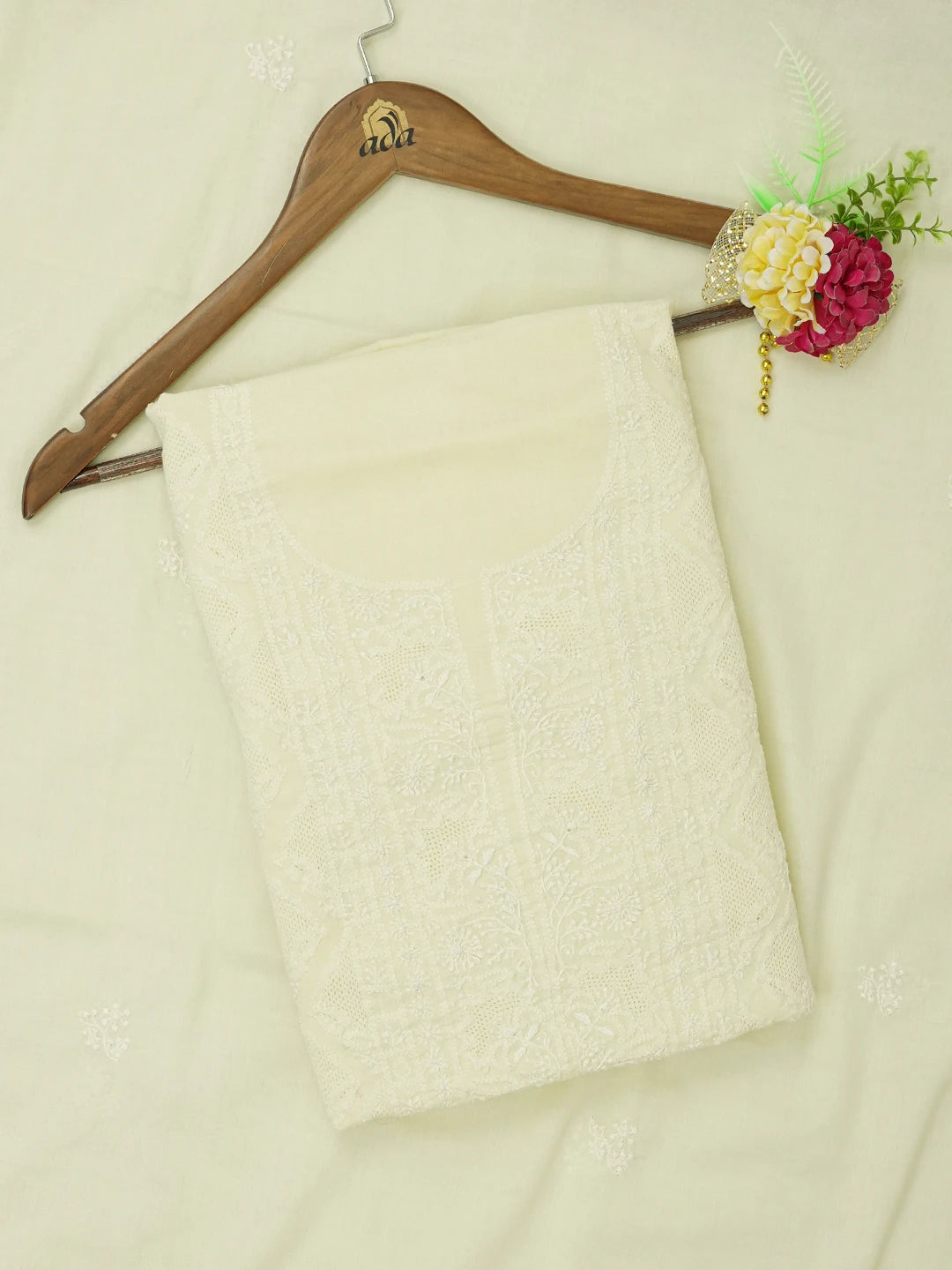 Ada Hand Embroidered Lemon Cotton Lucknowi Chikankari Unstitched Kurta Dupatta Set 01A628691