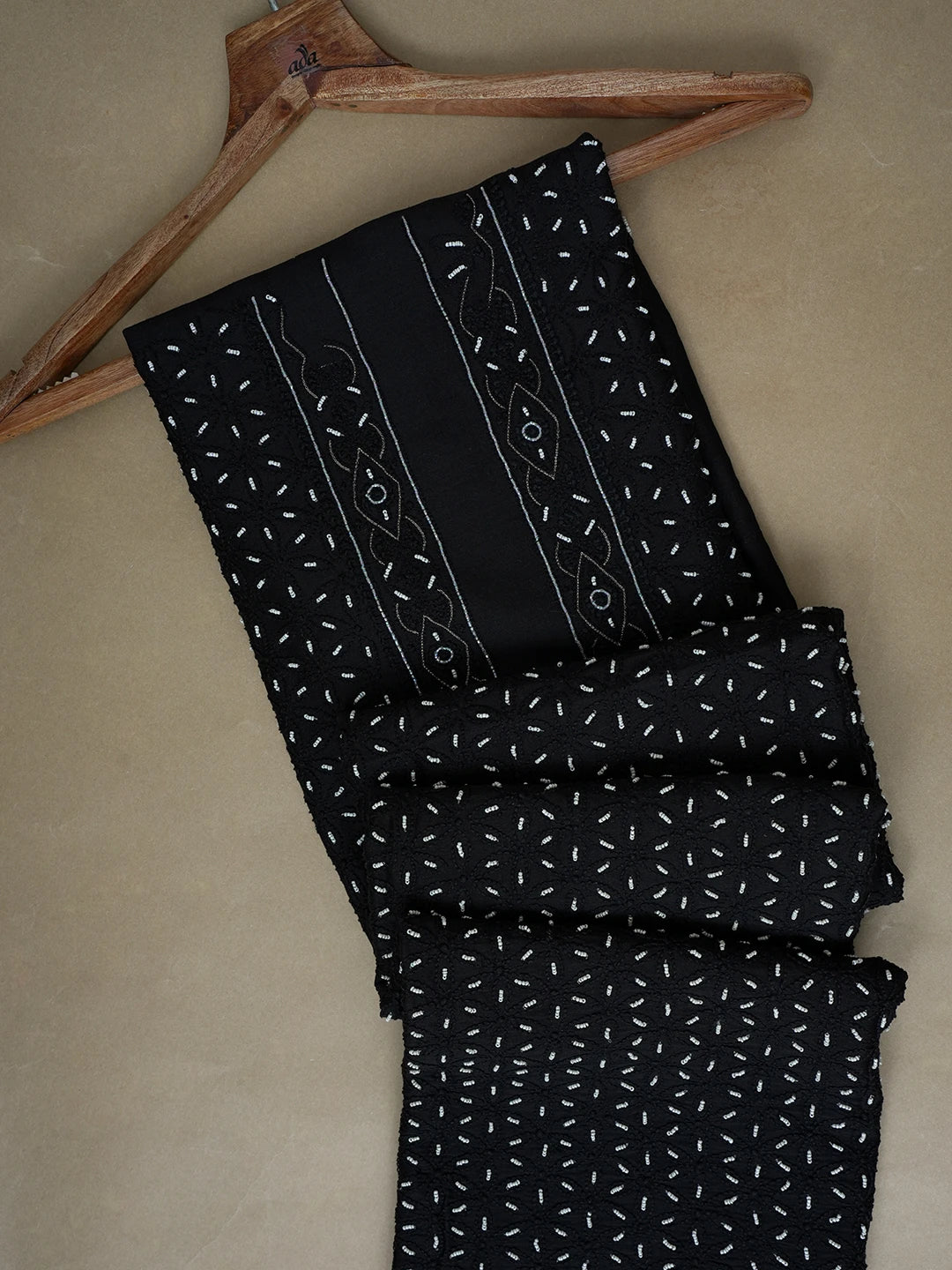 Ada Hand Embroidered Black Chanderi Lucknowi Chikankari Unstitched Men's Kurta Piece With Cutdana And Zari Work 01A366271