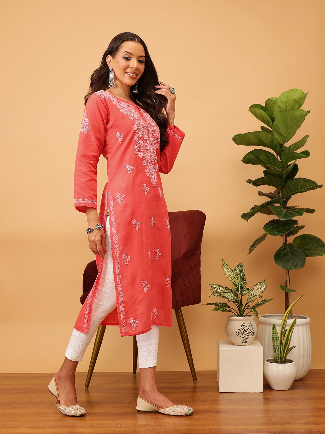 Ada Hand Embroidered Cherry Red Cotton Lucknowi Chikankari Straight Kurta A411180