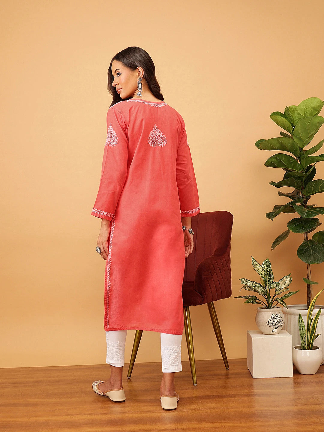 Ada Hand Embroidered Cherry Red Cotton Lucknowi Chikankari Straight Kurta A411180
