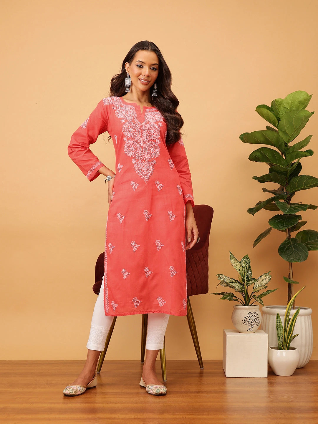 Ada Hand Embroidered Cherry Red Cotton Lucknowi Chikankari Straight Kurta A411180