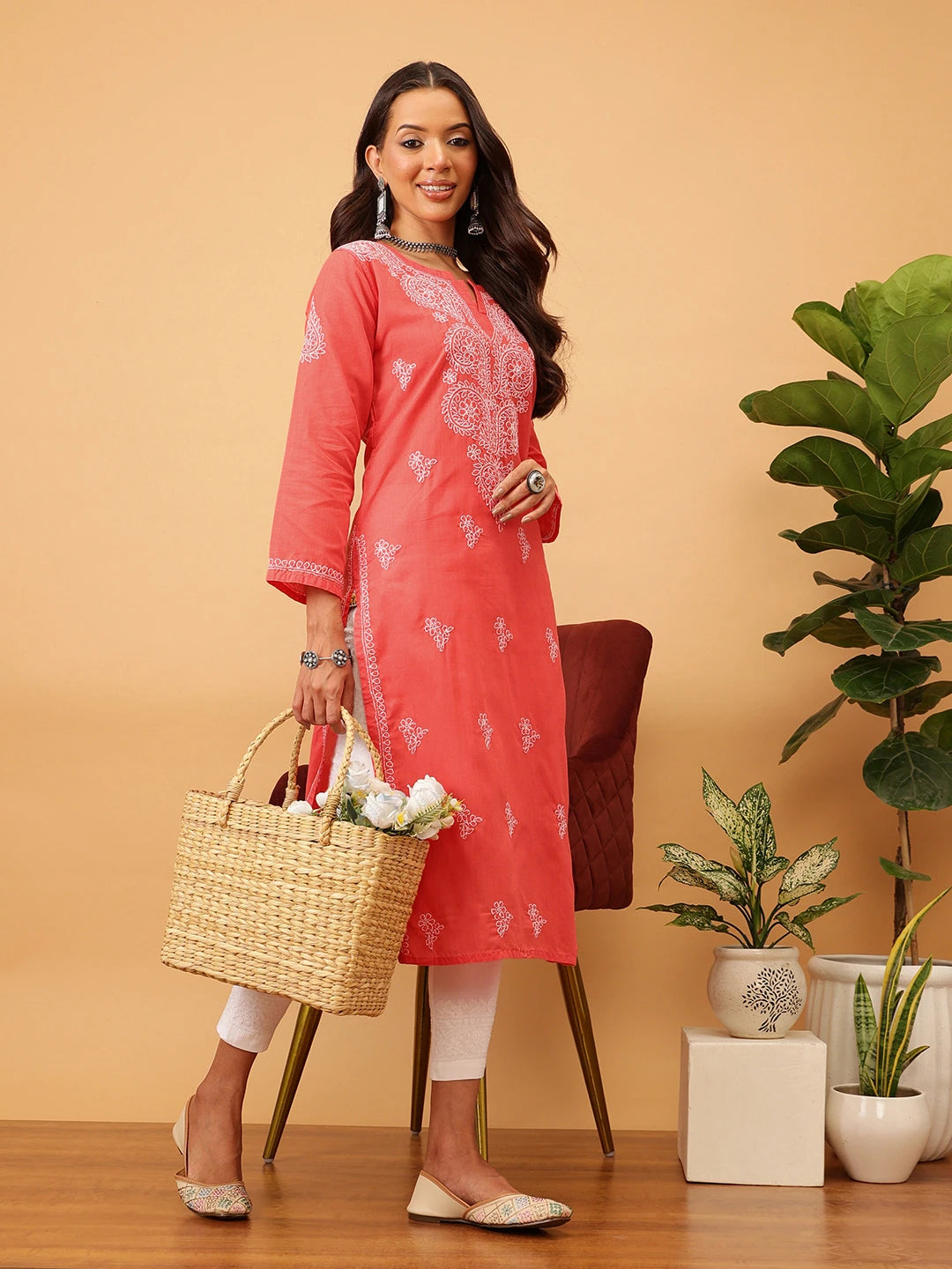 Ada Hand Embroidered Cherry Red Cotton Lucknowi Chikankari Straight Kurta A411180