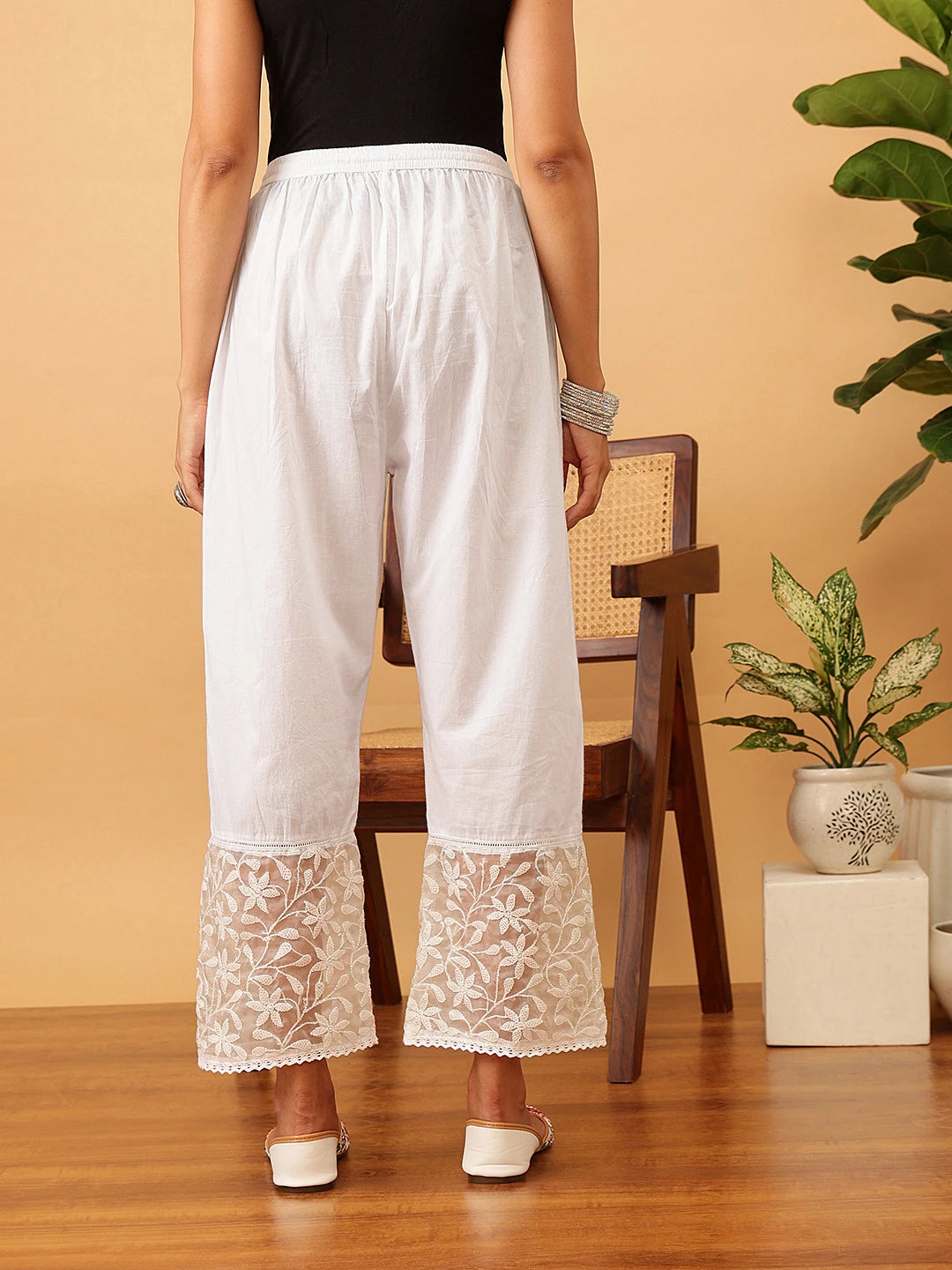 Ada Hand Embroidered White Cotton Lucknowi Chikankari Palazzo A711187