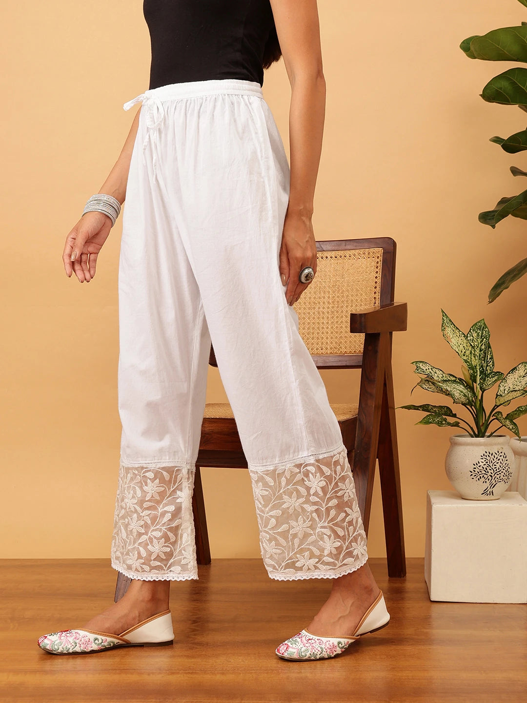 Ada Hand Embroidered White Cotton Lucknowi Chikankari Palazzo A711187