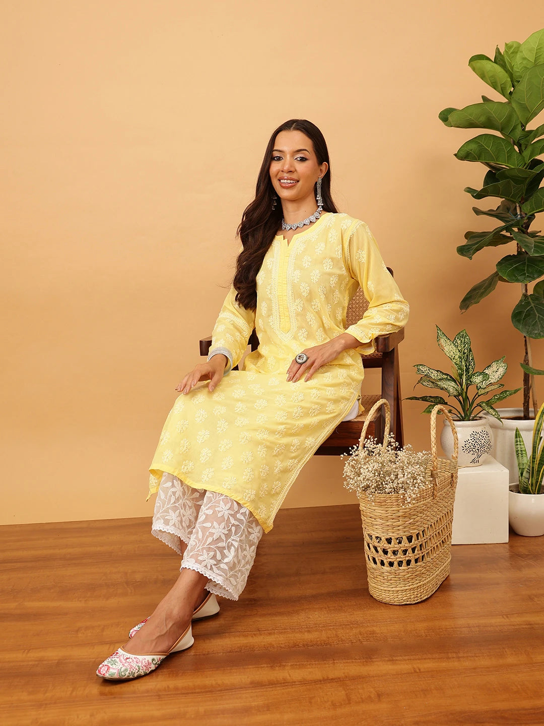 Ada Hand Embroidered White Cotton Lucknowi Chikankari Palazzo A711187
