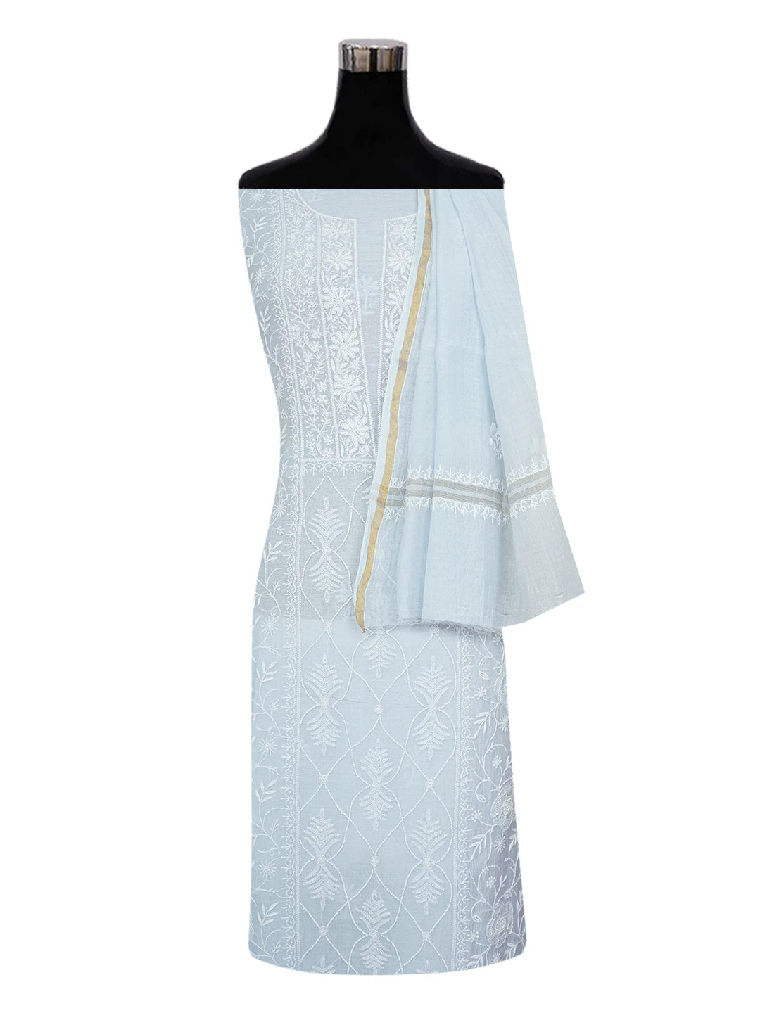 Ada Hand Embroidered Carolina Blue Chanderi Lucknowi Chikankari Unstitched Kurta Dupatta Set With Cutdana Work 01A634339