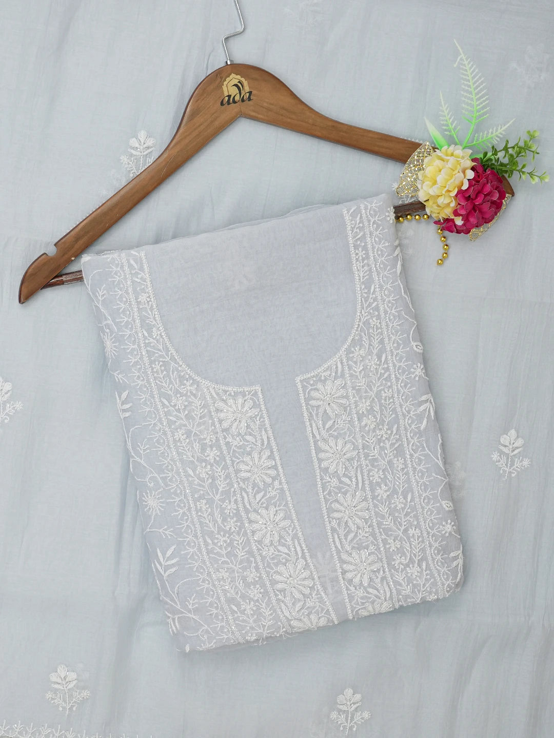 Ada Hand Embroidered Carolina Blue Chanderi Lucknowi Chikankari Unstitched Kurta Dupatta Set With Cutdana Work 01A634339