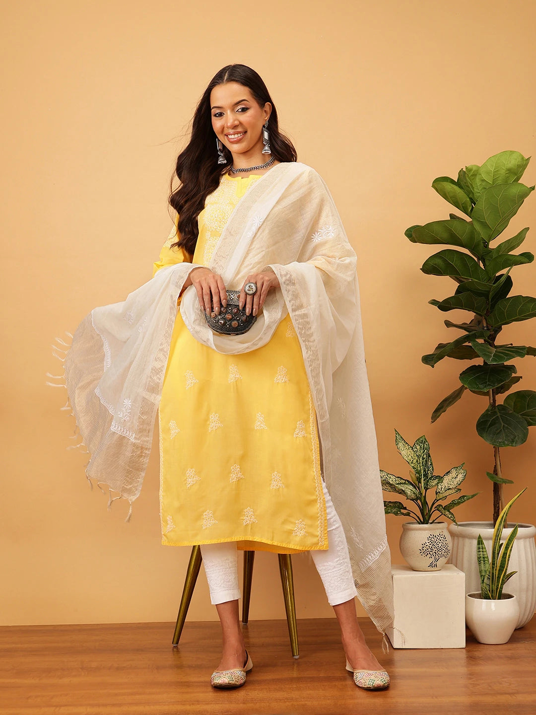 Ada Hand Embroidered Off White Chanderi Lucknowi Chikankari Dupatta A511220