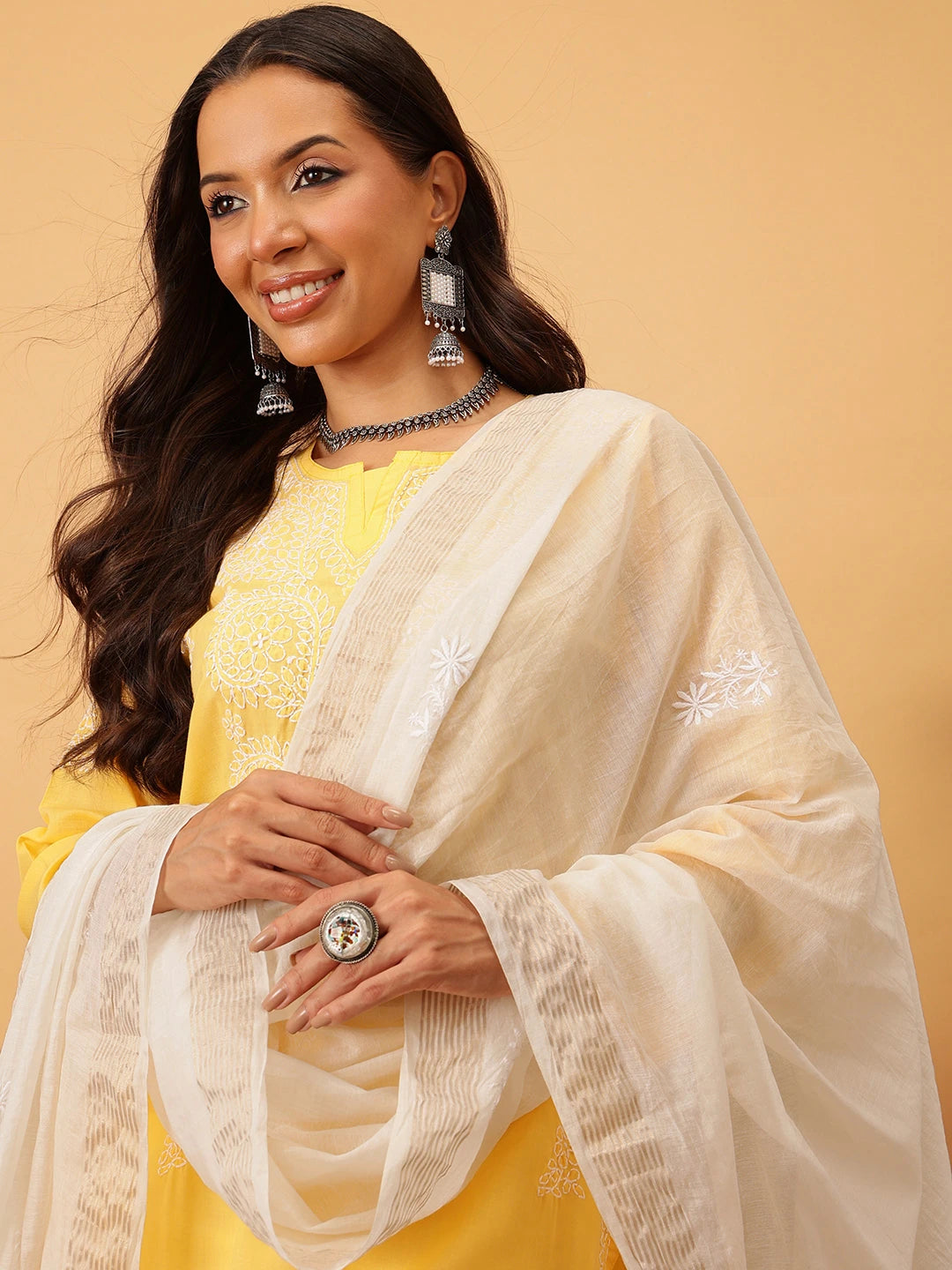 Ada Hand Embroidered Off White Chanderi Lucknowi Chikankari Dupatta A511220