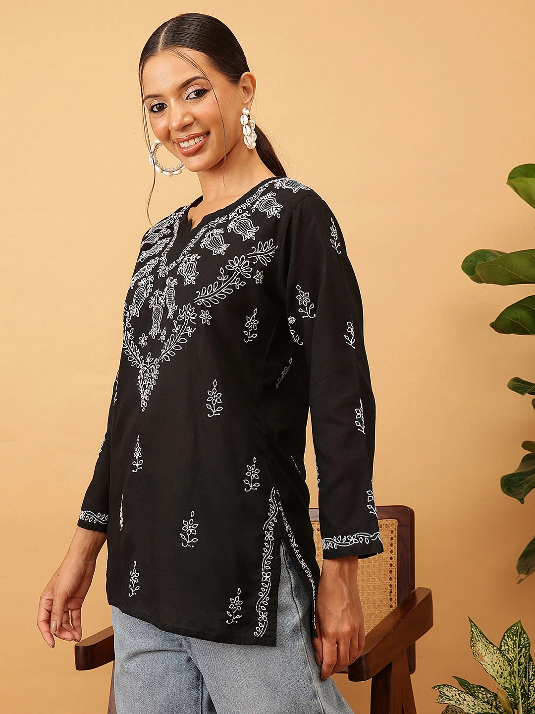 Ada Hand Embroidered Black Cotton Lucknowi Chikankari Kurti A534770