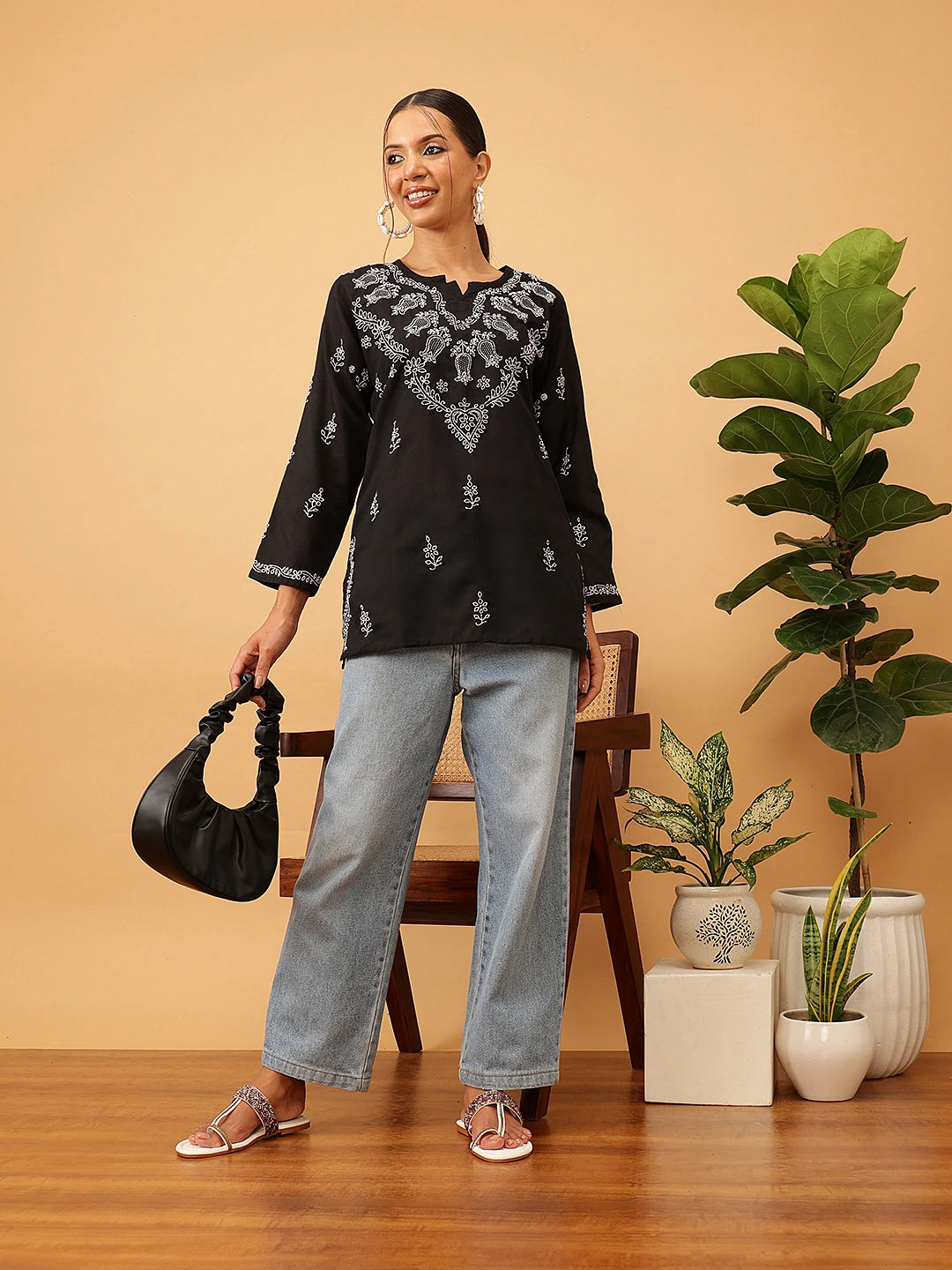 Ada Hand Embroidered Black Cotton Lucknowi Chikankari Kurti A534770
