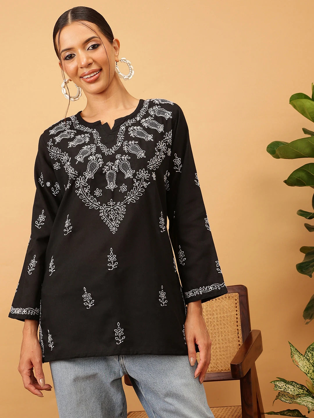 Ada Hand Embroidered Black Cotton Lucknowi Chikankari Kurti A534770