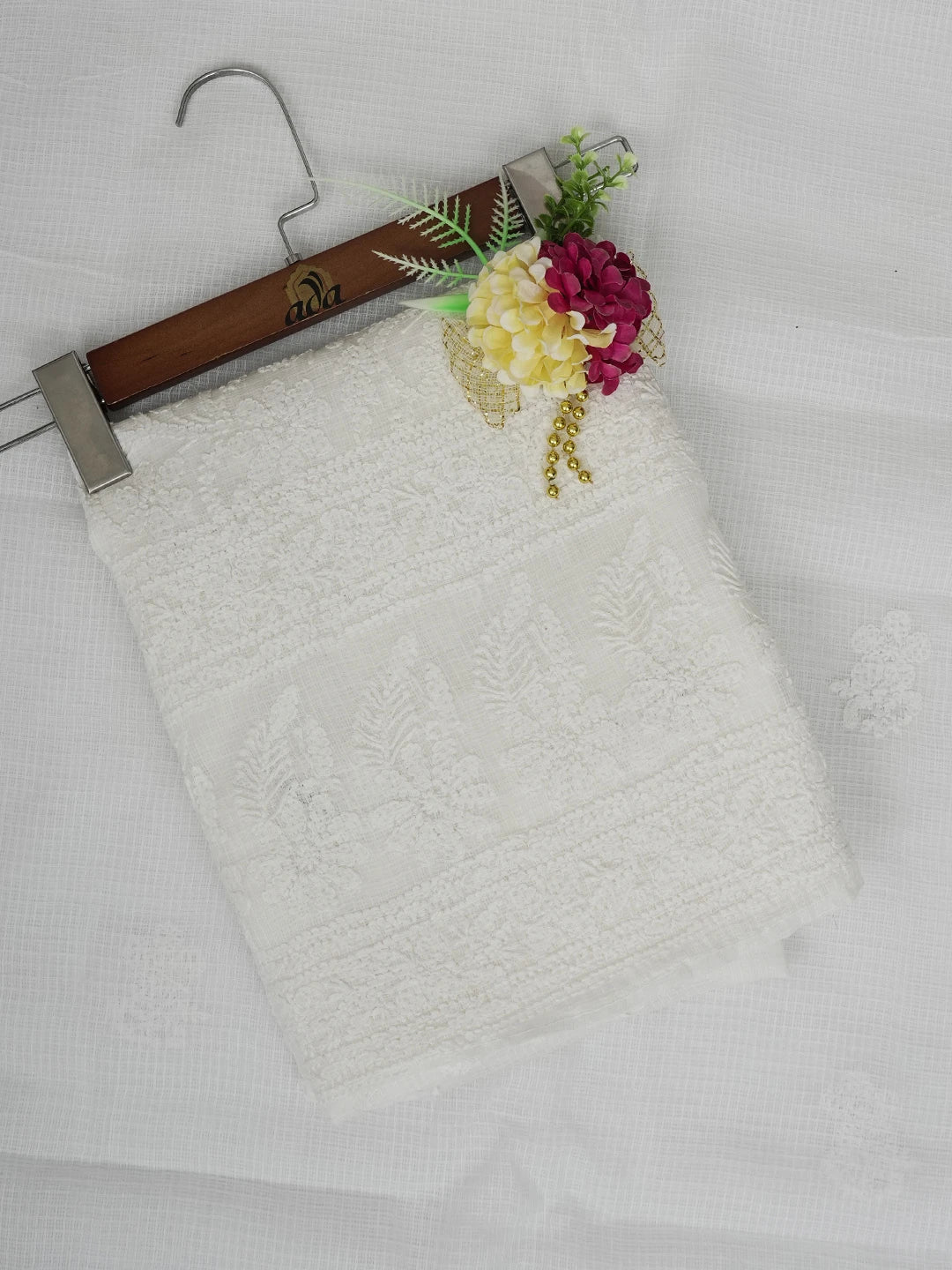 Ada Hand Embroidered White Kota Lucknowi Chikankari Unstitched Kurta Dupatta Set 01A583982