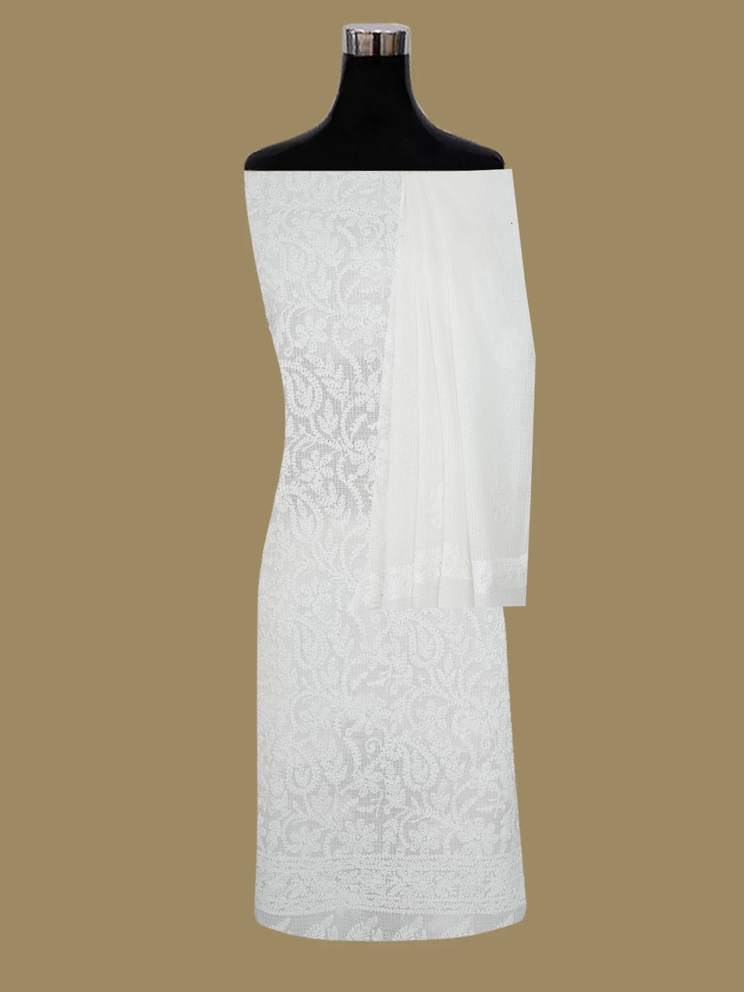 Ada Hand Embroidered White Kota Lucknowi Chikankari Unstitched Kurta Dupatta Set 01A583982