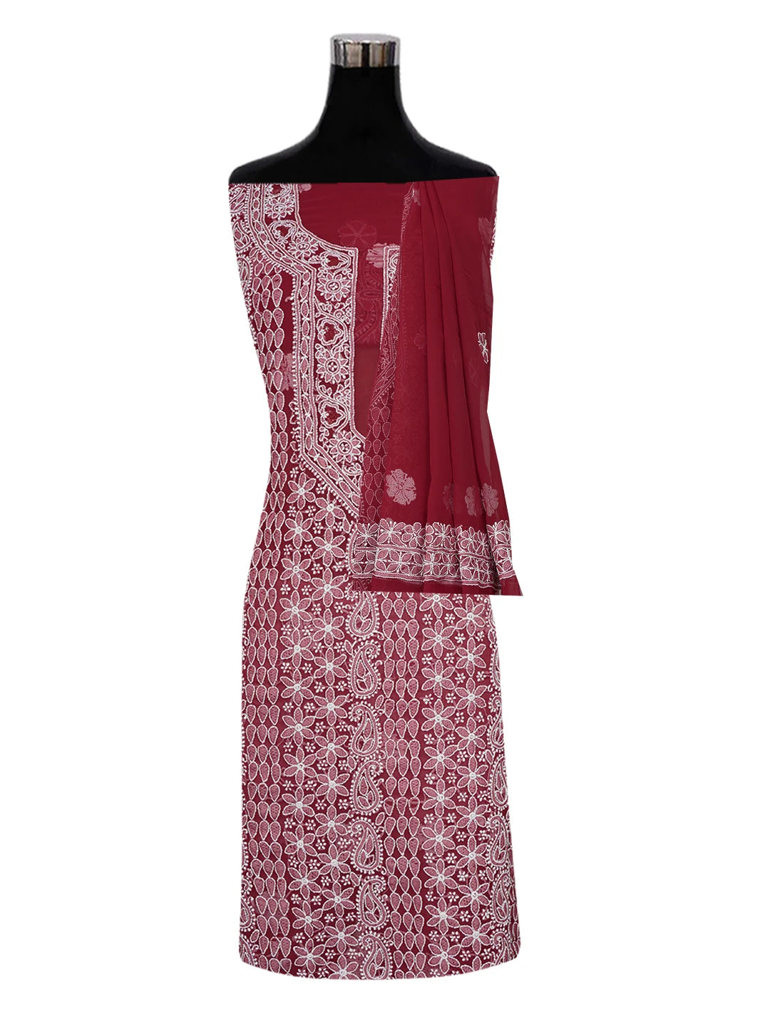 Ada Hand Embroidered Maroon Georgette Lucknowi Chikankari Unstitched Suit Piece 01A643867
