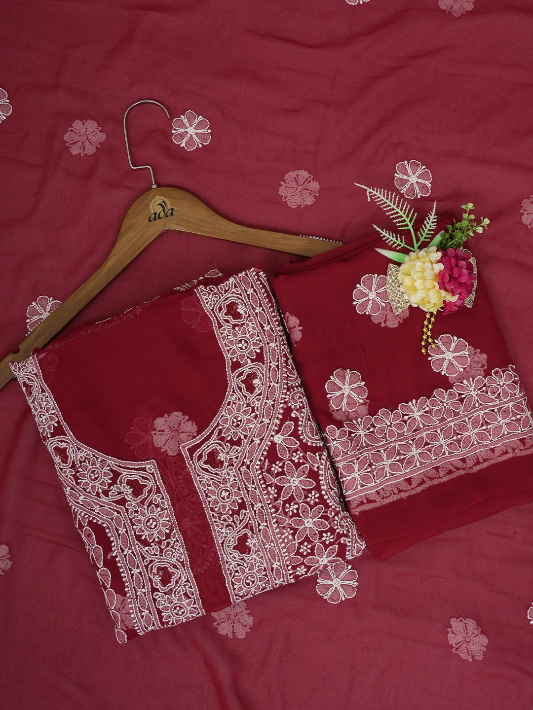 Ada Hand Embroidered Maroon Georgette Lucknowi Chikankari Unstitched Suit Piece 01A643867