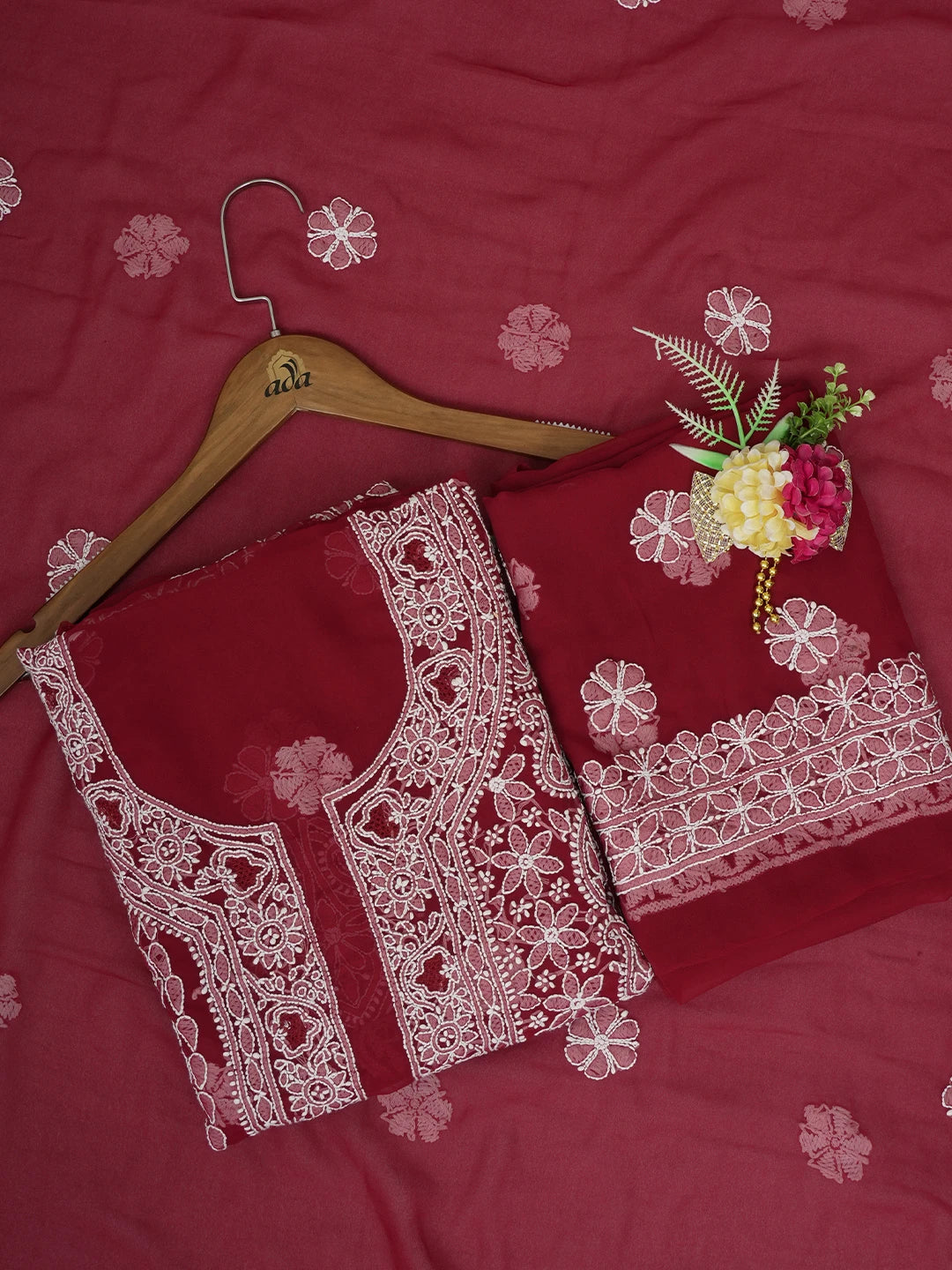 Ada Hand Embroidered Maroon Georgette Lucknowi Chikankari Unstitched Suit Piece 01A643867