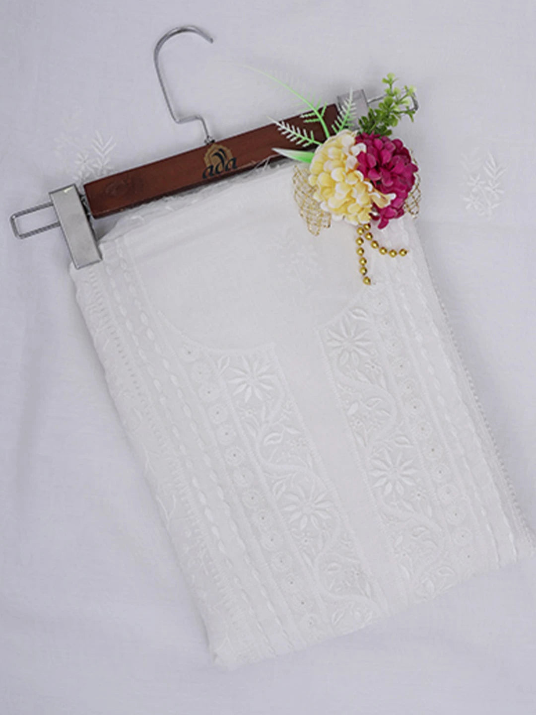 Ada Hand Embroidered White Seashell Chanderi Lucknowi Chikankari Unstitched Kurta Dupatta Set 01A643124