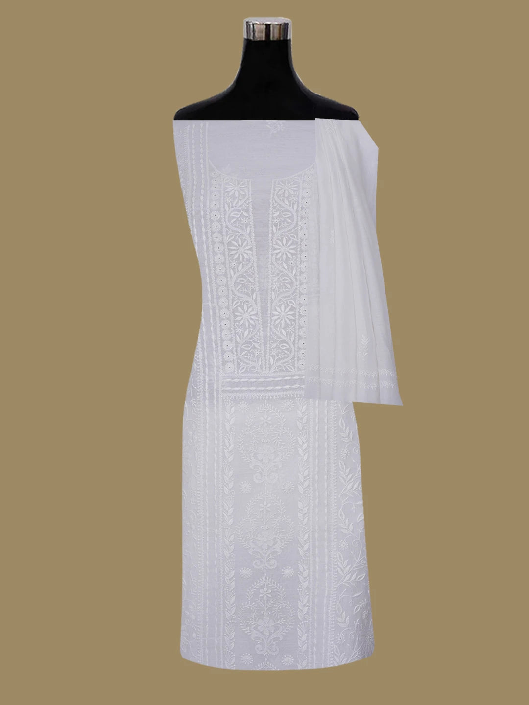 Ada Hand Embroidered White Seashell Chanderi Lucknowi Chikankari Unstitched Kurta Dupatta Set 01A643124