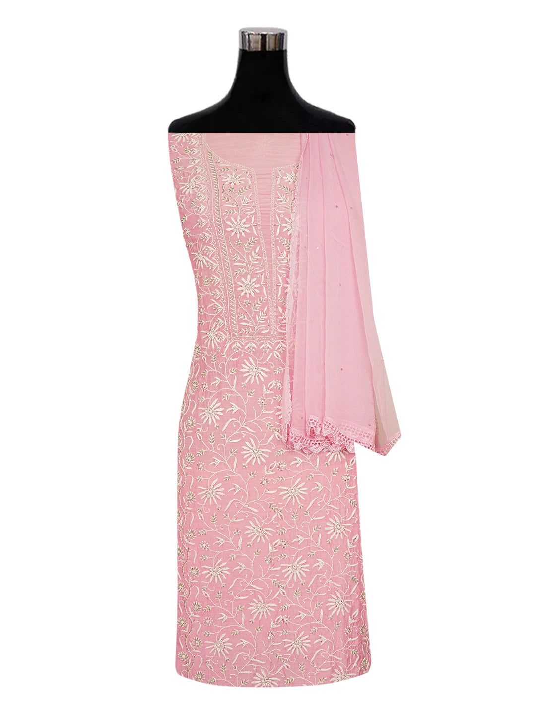 Ada Hand Embroidered Baker-Miller PInk Muslin Lucknowi Chikankari Unstitched Suit Piece With Sequinned Work 01A618306