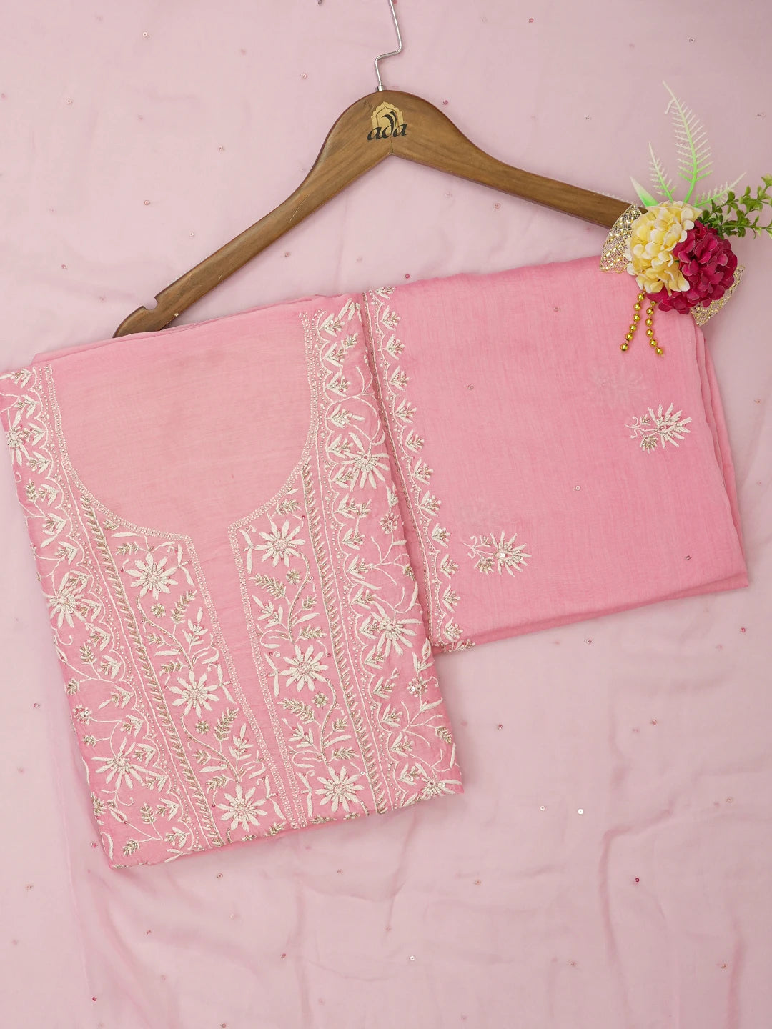 Ada Hand Embroidered Baker-Miller PInk Muslin Lucknowi Chikankari Unstitched Suit Piece With Sequinned Work 01A618306
