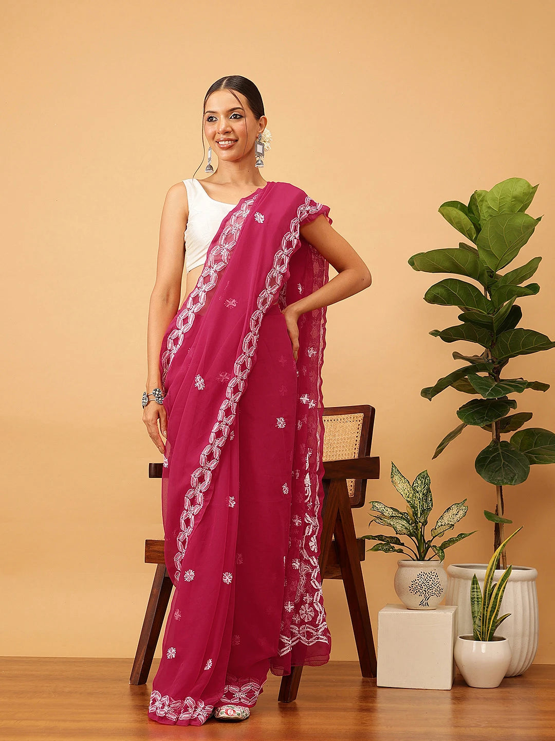 Ada Hand Embroidered Magenta Georgette Lucknowi Chikankari Saree With Blouse A311379