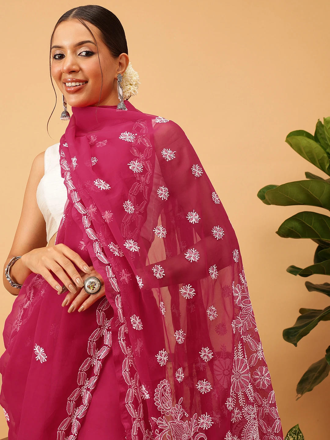 Ada Hand Embroidered Magenta Georgette Lucknowi Chikankari Saree With Blouse A311379