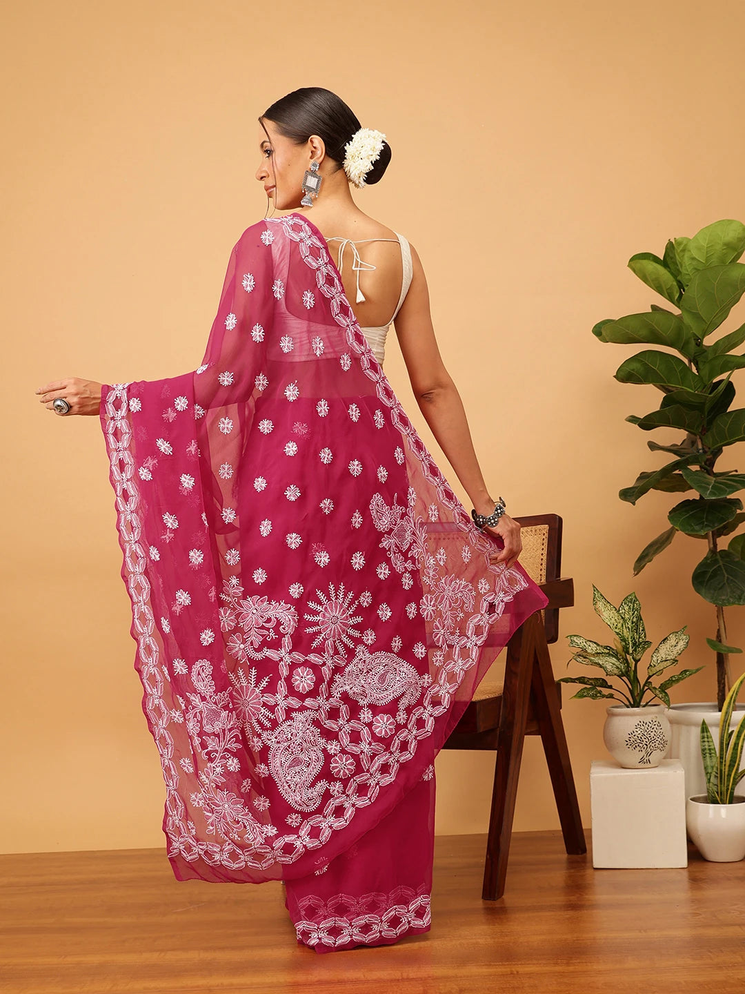 Ada Hand Embroidered Magenta Georgette Lucknowi Chikankari Saree With Blouse A311379