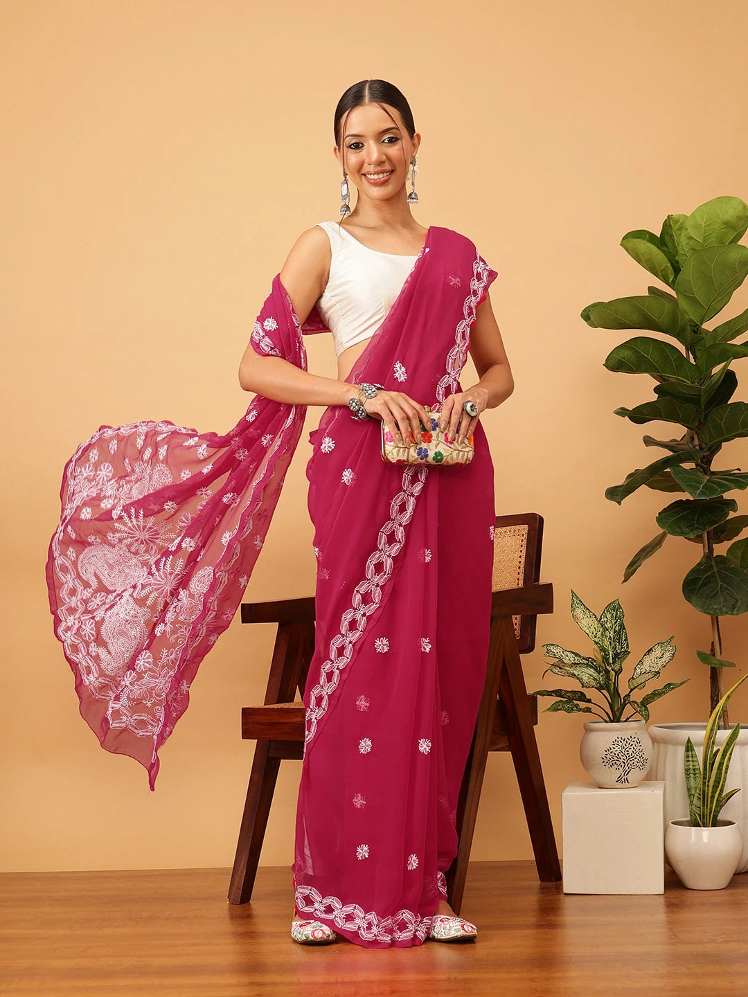 Ada Hand Embroidered Magenta Georgette Lucknowi Chikankari Saree With Blouse A311379