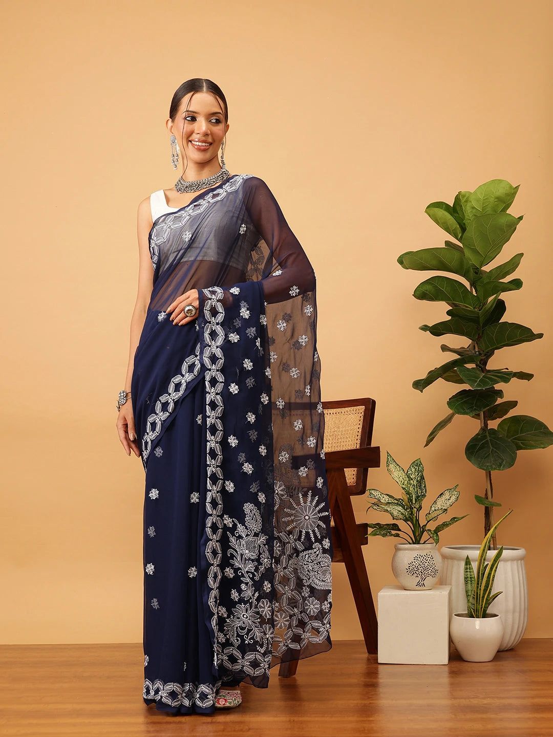 Ada Hand Embroidered Navy Blue Georgette Lucknowi Chikankari Saree With Blouse A311378
