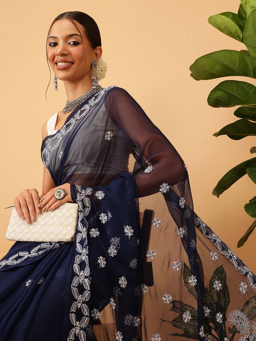 Ada Hand Embroidered Navy Blue Georgette Lucknowi Chikankari Saree With Blouse A311378