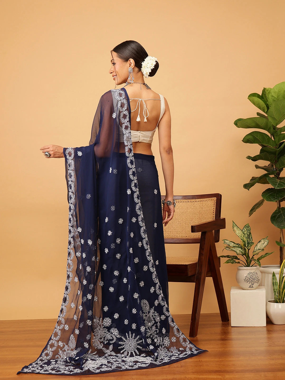 Ada Hand Embroidered Navy Blue Georgette Lucknowi Chikankari Saree With Blouse A311378