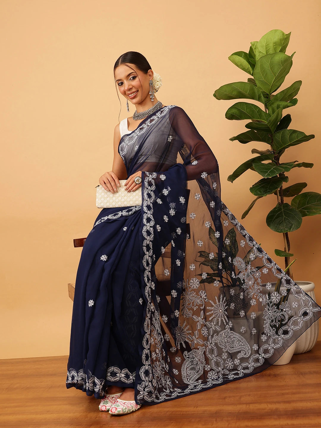 Ada Hand Embroidered Navy Blue Georgette Lucknowi Chikankari Saree With Blouse A311378