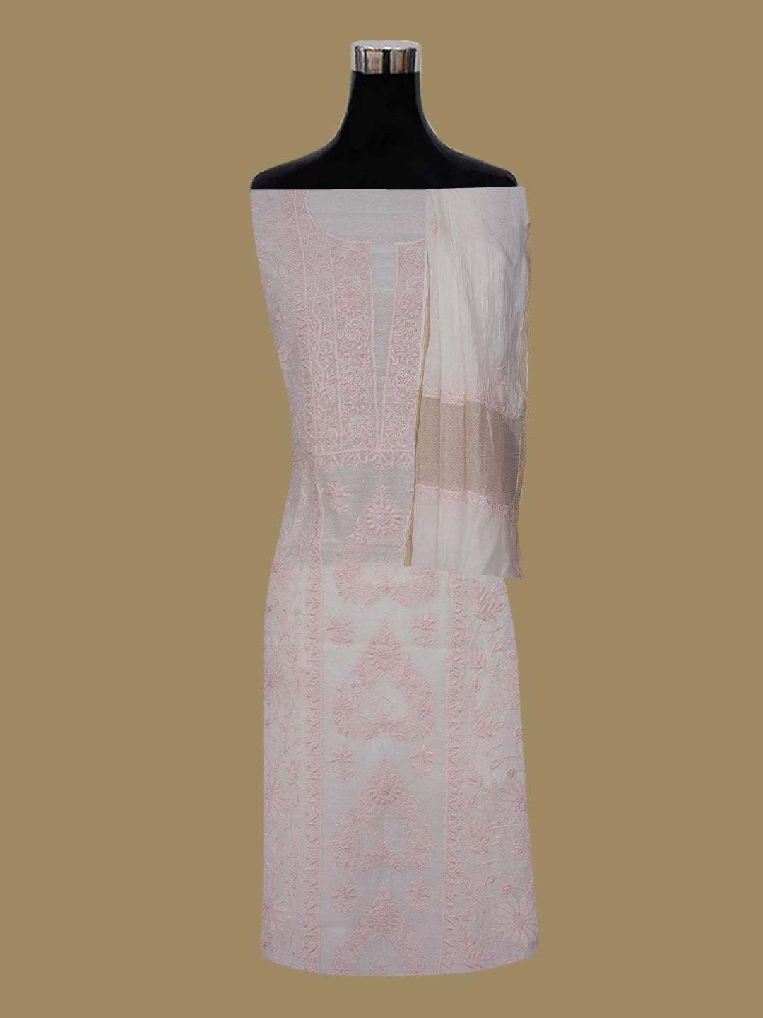 Ada Hand Embroidered Off White Chanderi Lucknowi Chikankari Unstitched Kurta Dupatta Set 01A643130