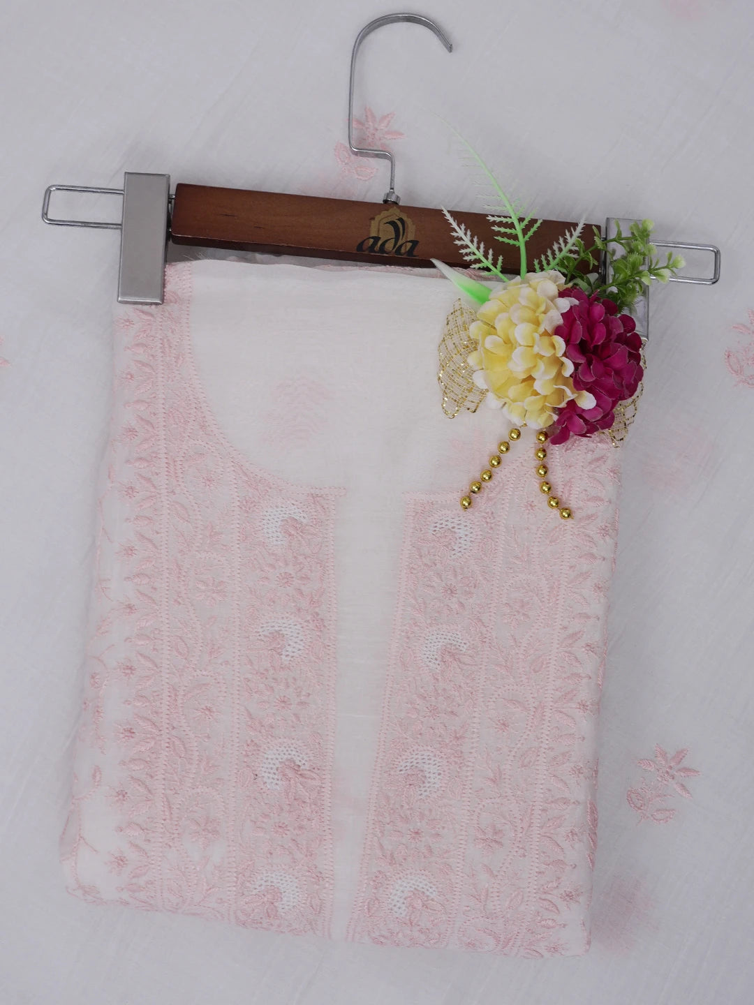 Ada Hand Embroidered Off White Chanderi Lucknowi Chikankari Unstitched Kurta Dupatta Set 01A643130