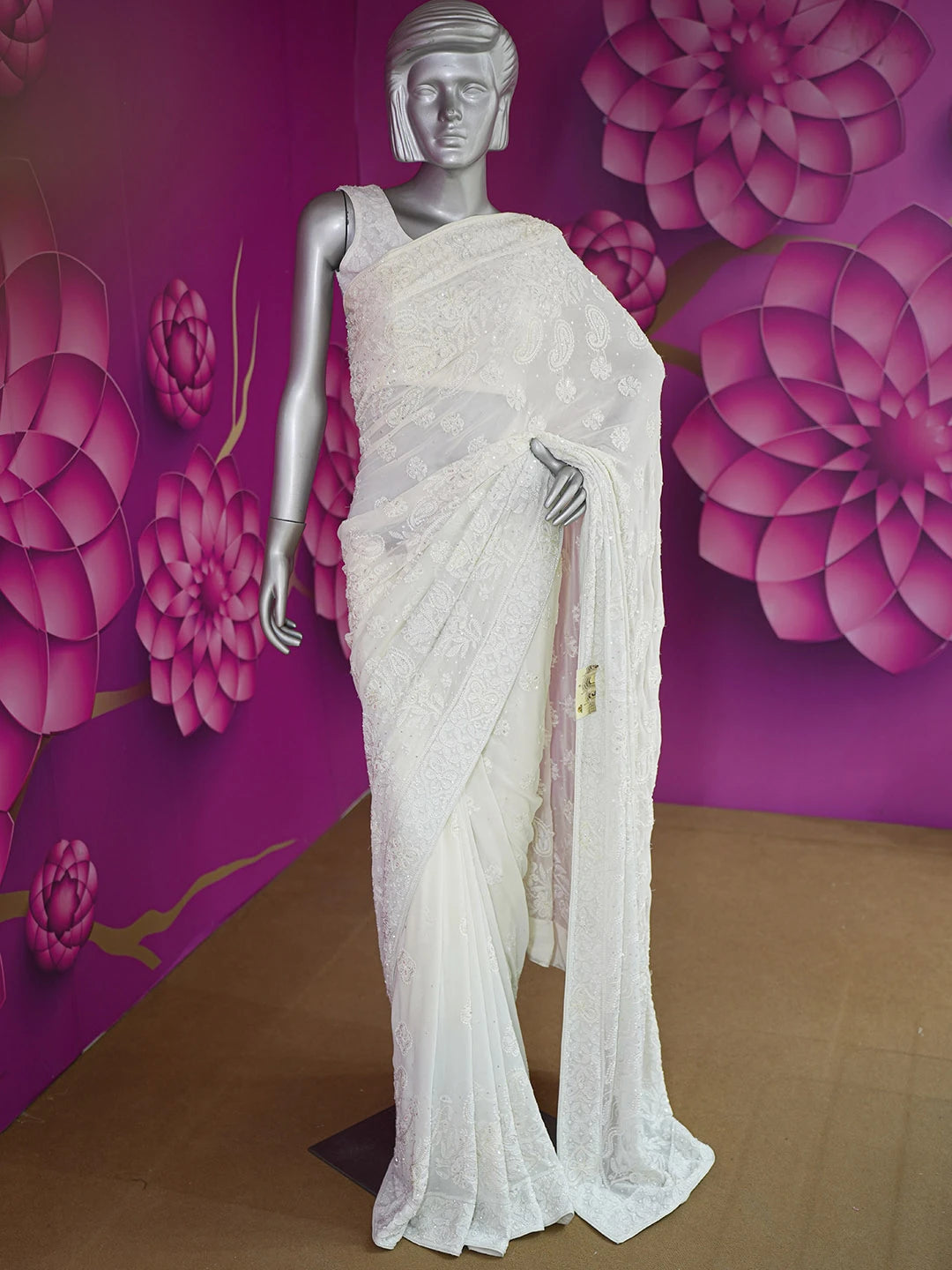Ada Hand Embroidered Ombre Shade Of Cream and Cloud Grey Pure Georgette Lucknowi Chikankari Saree With Blouse 01A424880