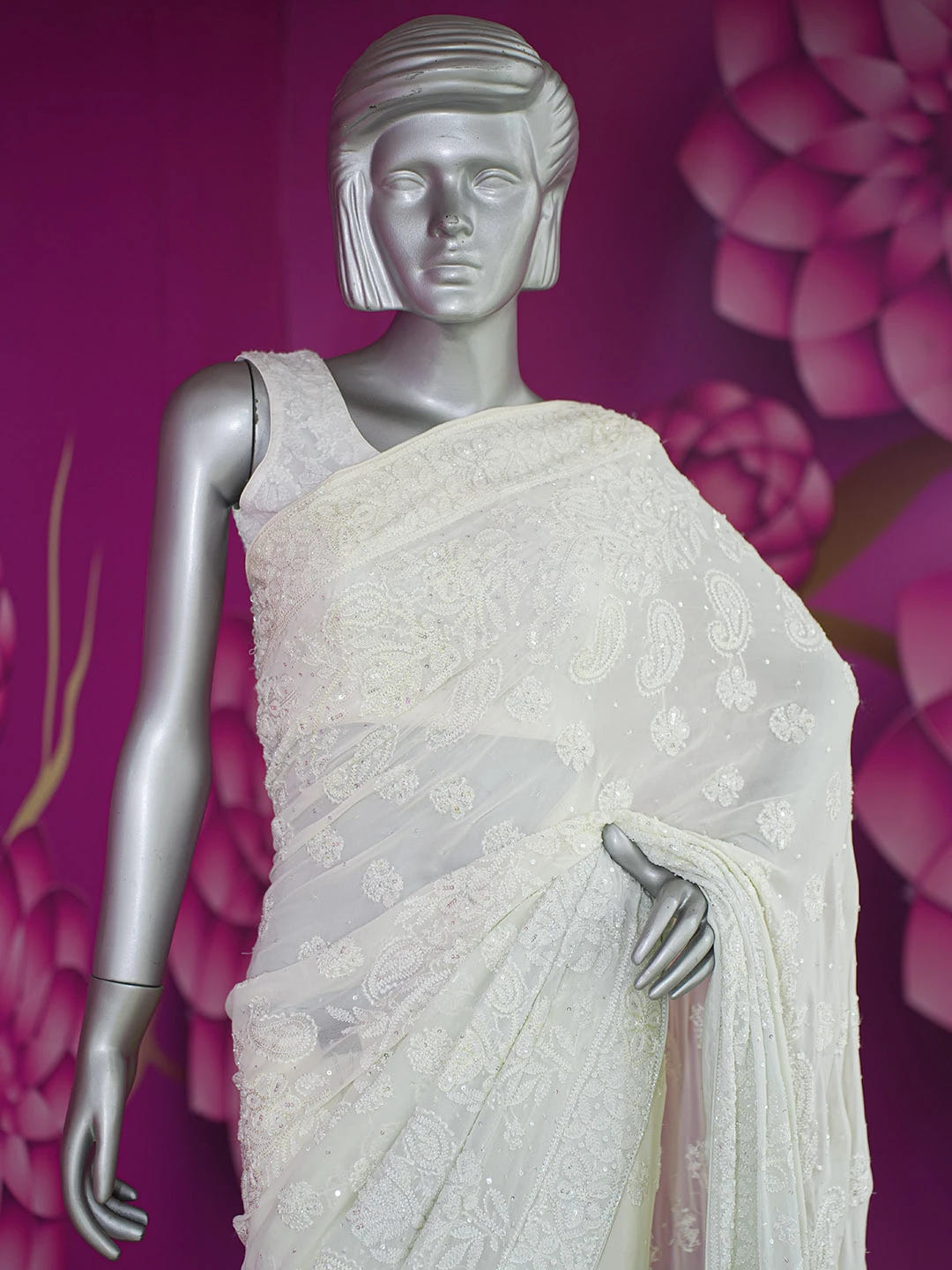 Ada Hand Embroidered Ombre Shade Of Cream and Cloud Grey Pure Georgette Lucknowi Chikankari Saree With Blouse 01A424880