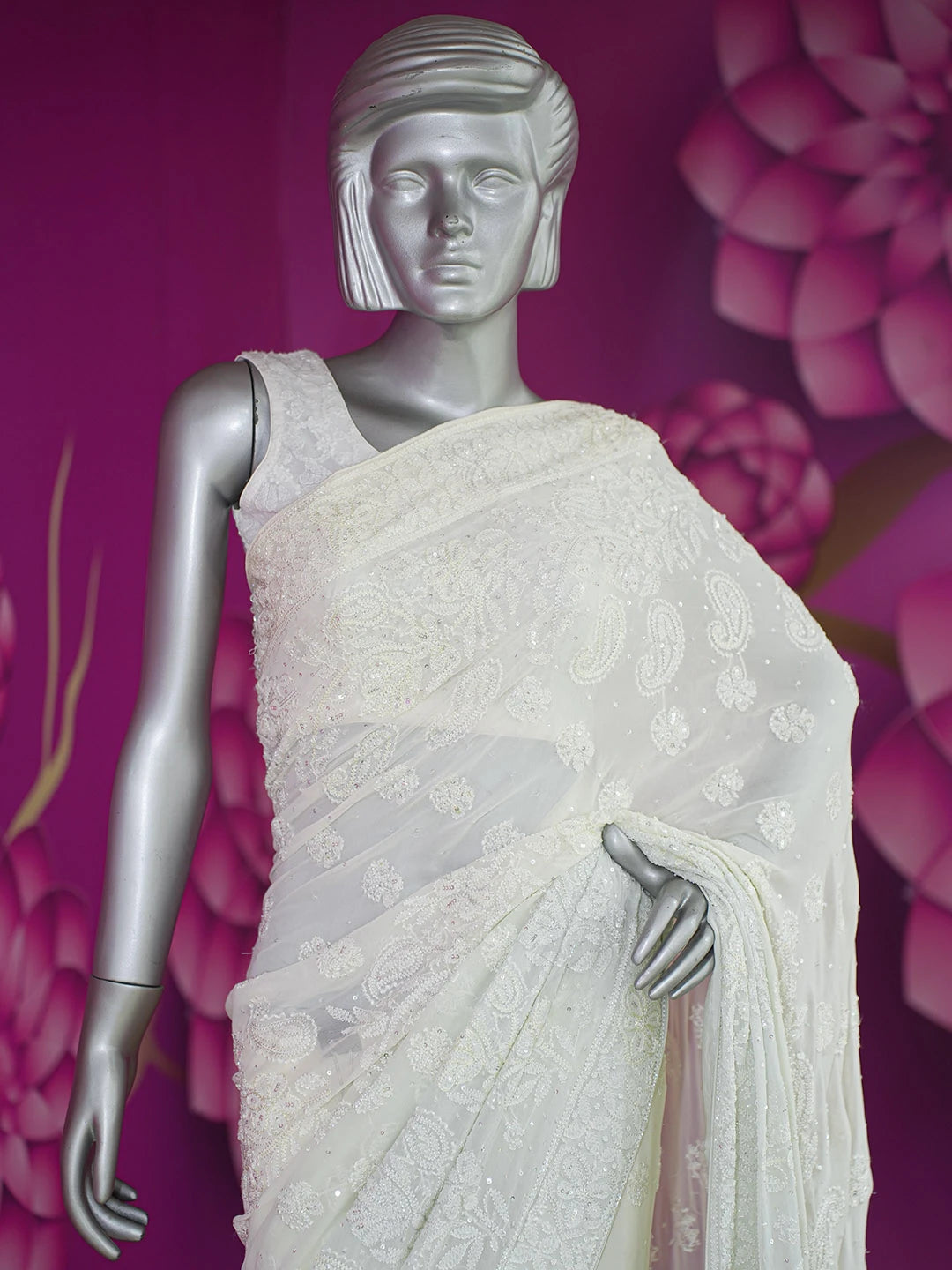 Ada Hand Embroidered Ombre Shade Of Cream and Cloud Grey Pure Georgette Lucknowi Chikankari Saree With Blouse 01A424880