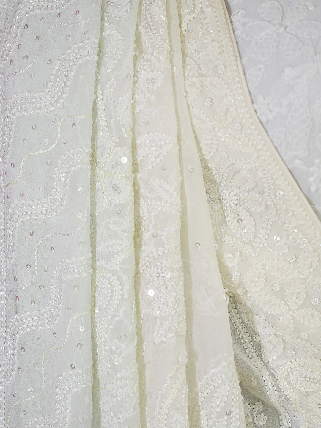 Ada Hand Embroidered Ombre Shade Of Cream and Cloud Grey Pure Georgette Lucknowi Chikankari Saree With Blouse 01A424880