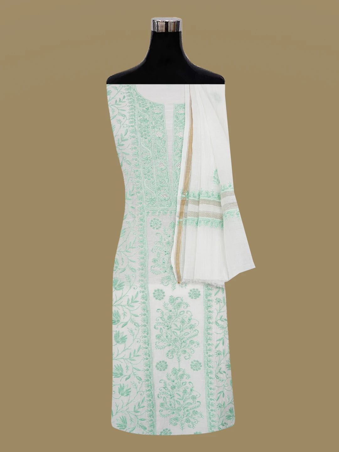 Ada Hand Embroidered White Seashell Chanderi Lucknowi Chikankari Unstitched Kurta Dupatta Set 01A643132