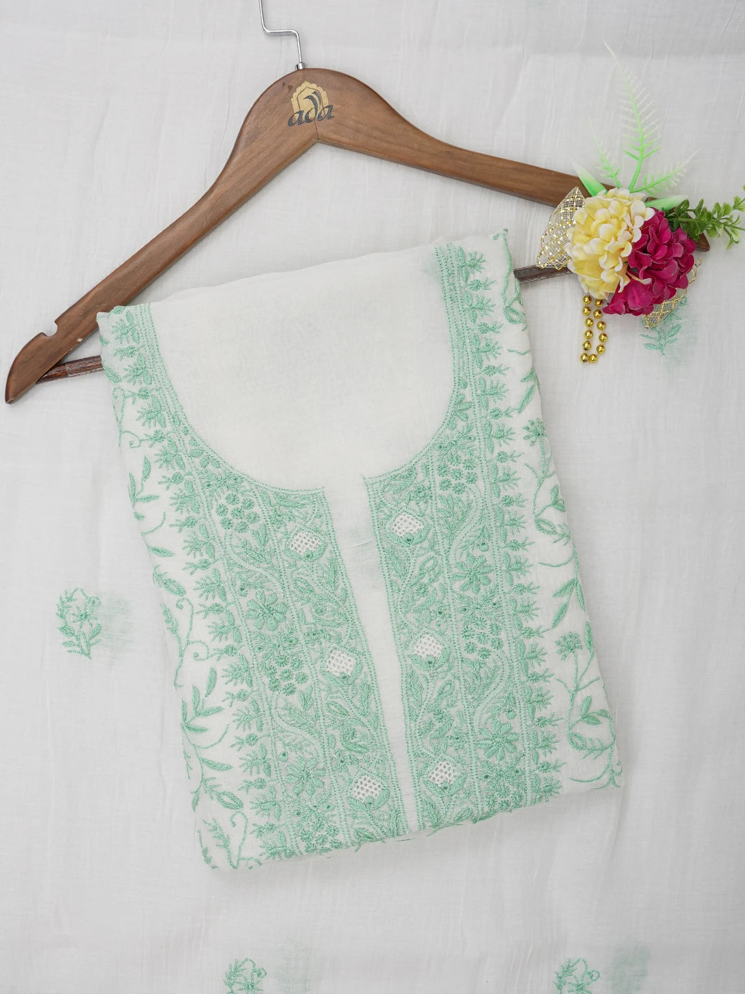 Ada Hand Embroidered White Seashell Chanderi Lucknowi Chikankari Unstitched Kurta Dupatta Set 01A643132