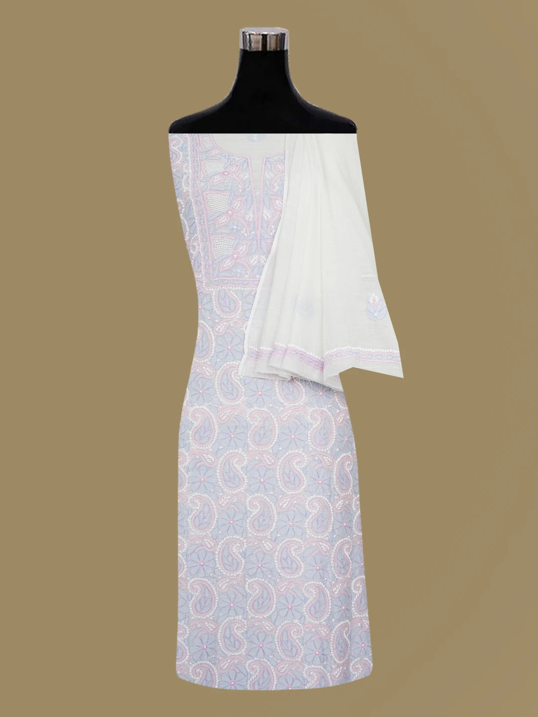 Ada Hand Embroidered White Chanderi Lucknowi Chikankari Unstitched Kurta Dupatta Set 01A638840