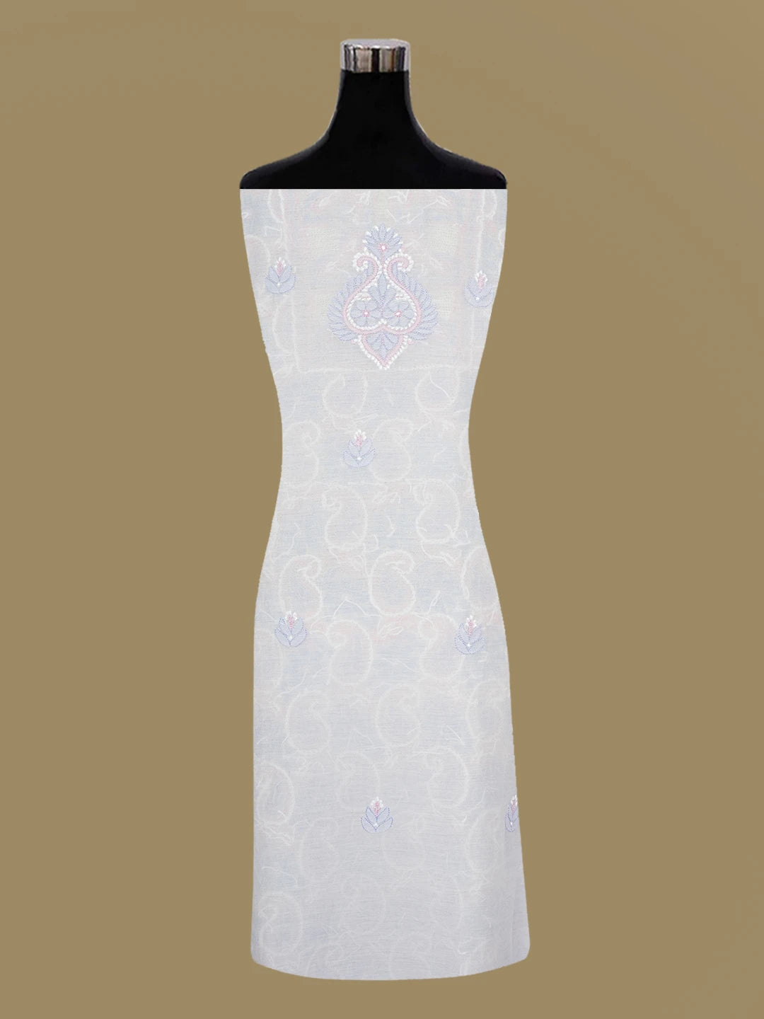 Ada Hand Embroidered White Chanderi Lucknowi Chikankari Unstitched Kurta Dupatta Set 01A638840